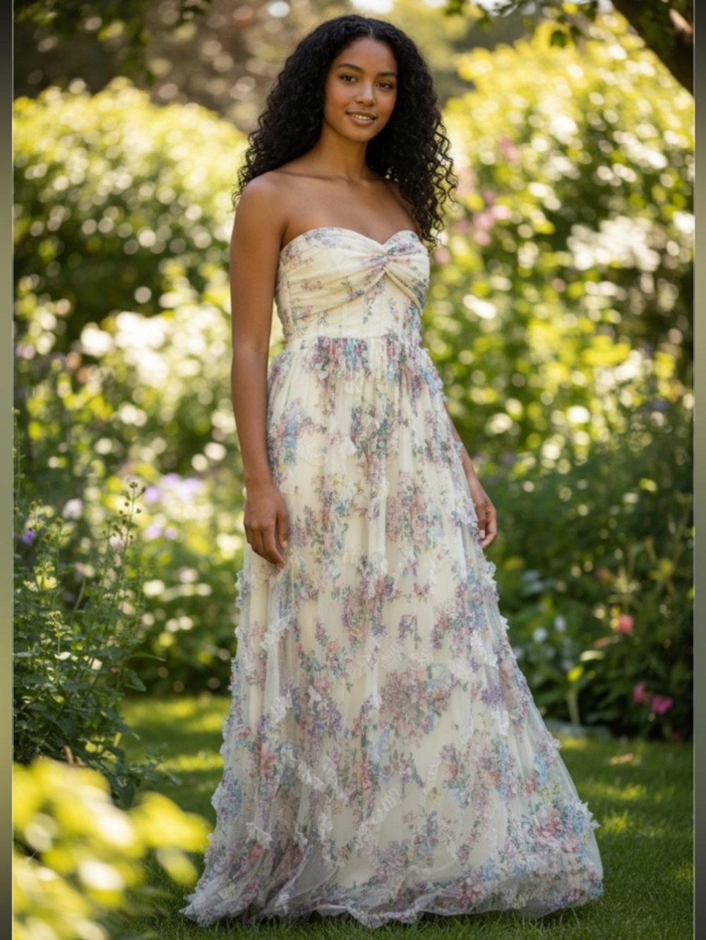 Romantic Strapless Floral Maxi Dress in Cream